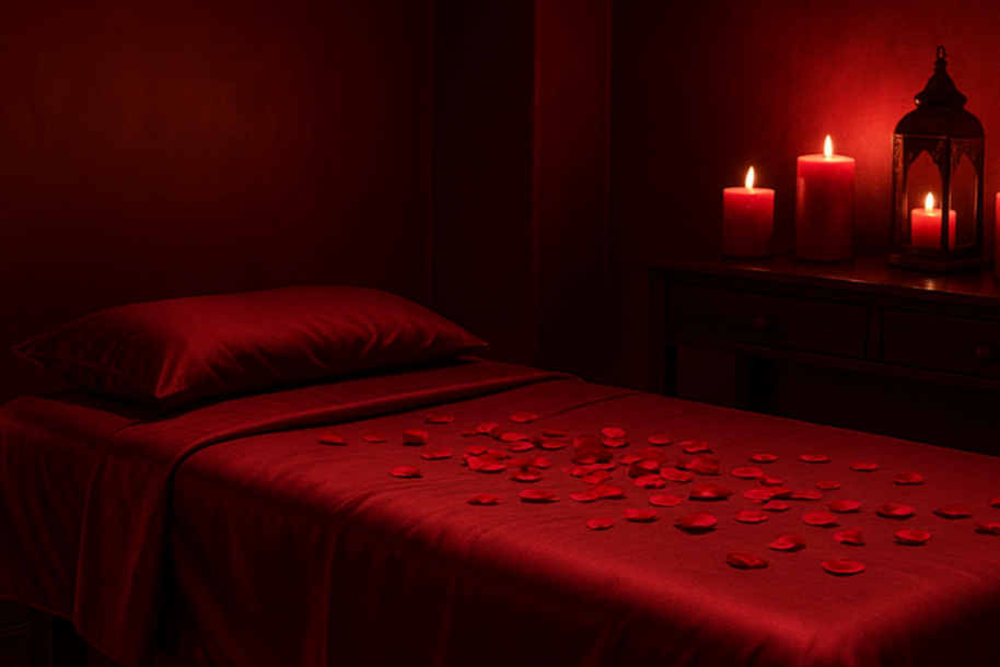 masaje relajante tantrico en tonos oscuros y rojos